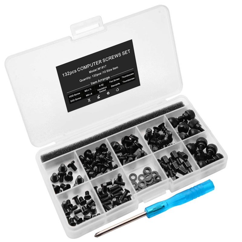 Mcsher 132pcs PC Build & Repair Screw Kit with Screwdriver for Motherboard, GPU,HDD, SSD,Case Fans -Includes Standoffs & Thumbscrews - Image 1